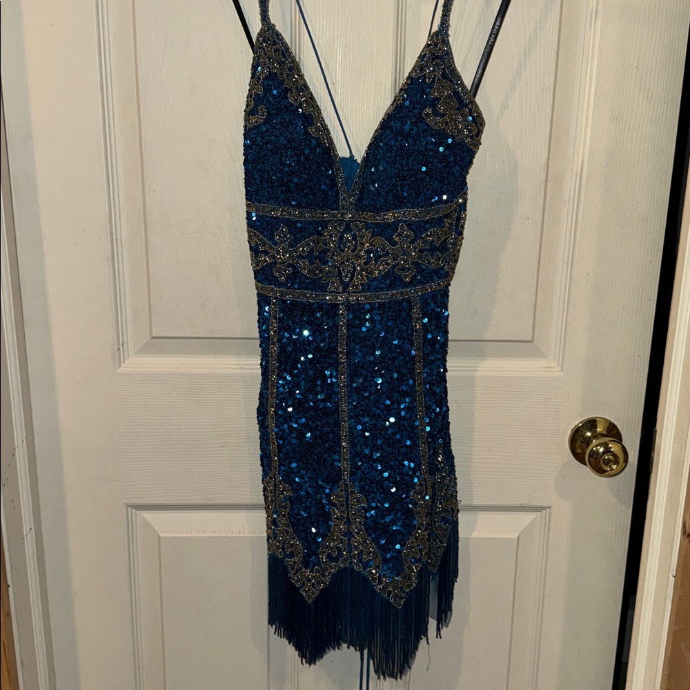 Sherri Hill Blue and Gold Sequin Dress with corset. Size 6